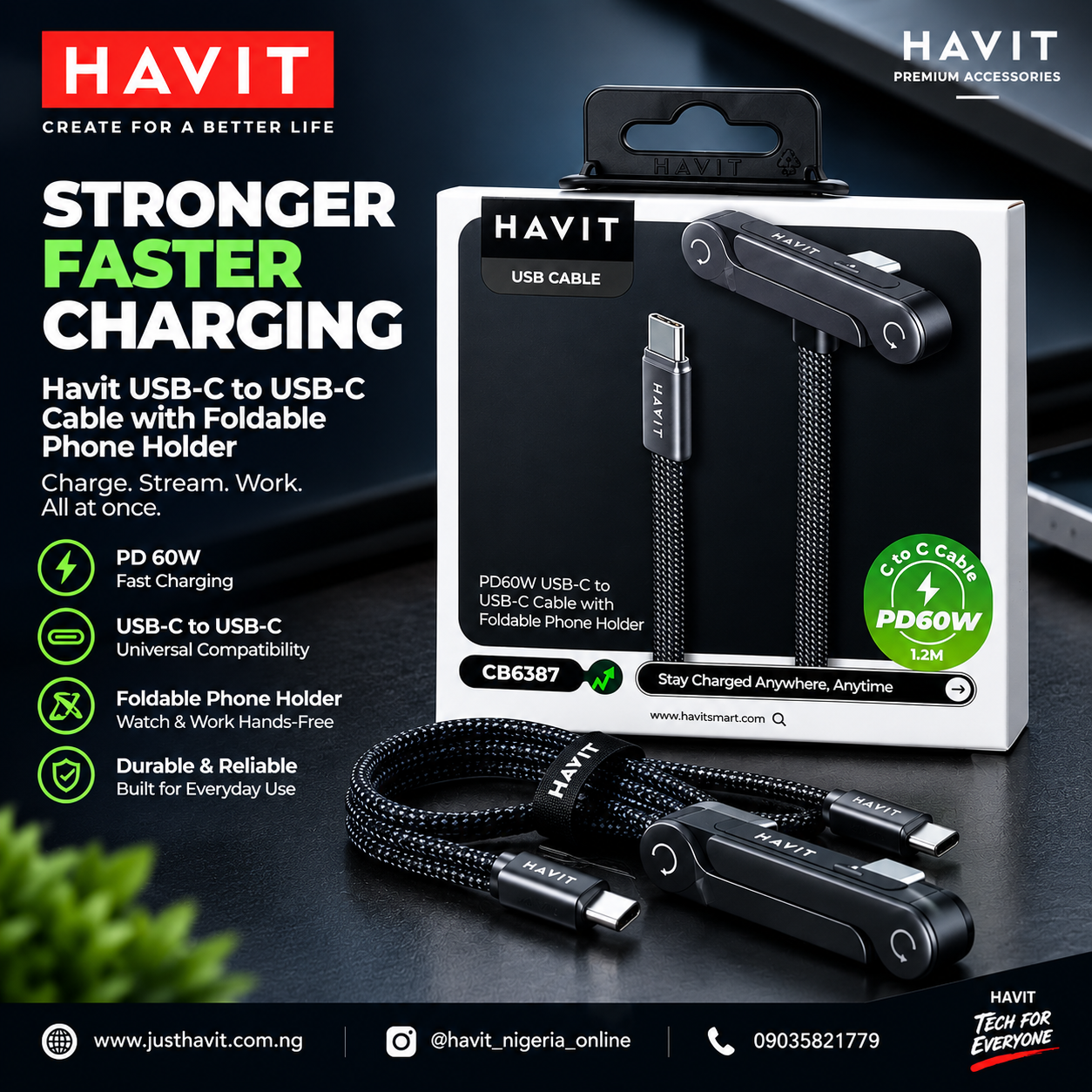 HAVIT CB6387 USB-C to USB-C Cable 60W PD Fast Charging with Foldable Phone Holder – 1.2M Braided Cable