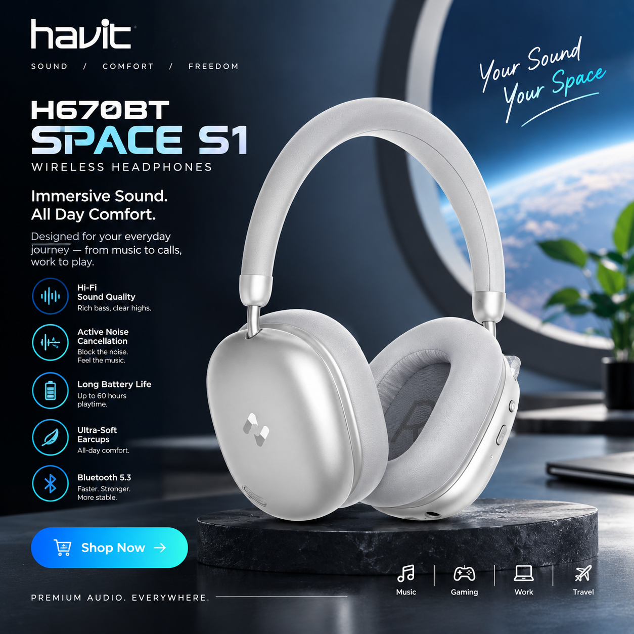 Havit H670BT SPACE S1 Adaptive Hybrid Active Noise Cancelling Bluetooth Headphone