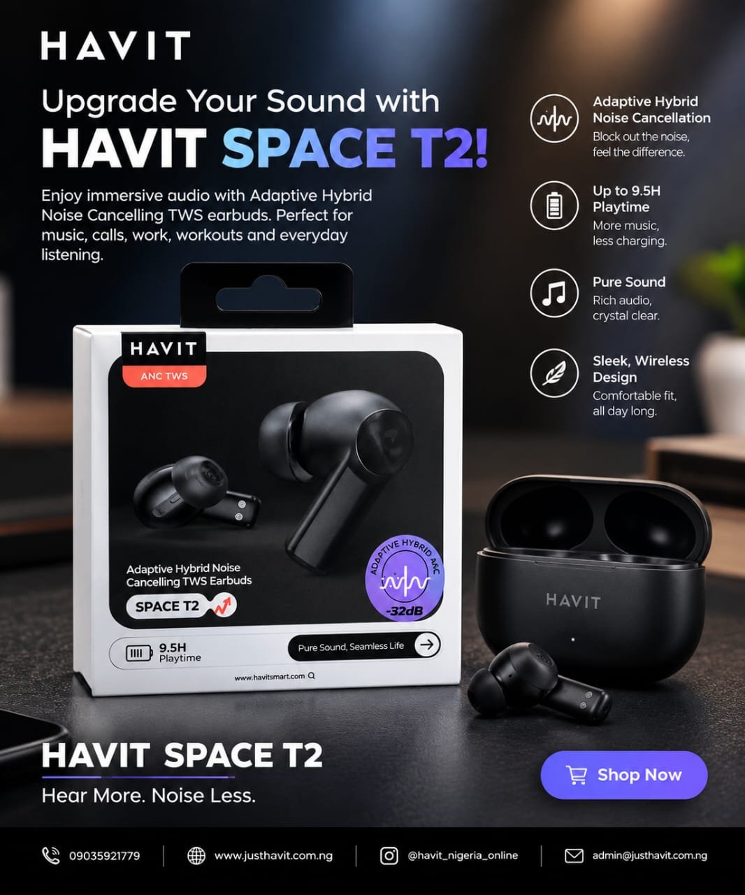 HAVIT SPACE T2 TWS ANC Adaptive Headphones TW889